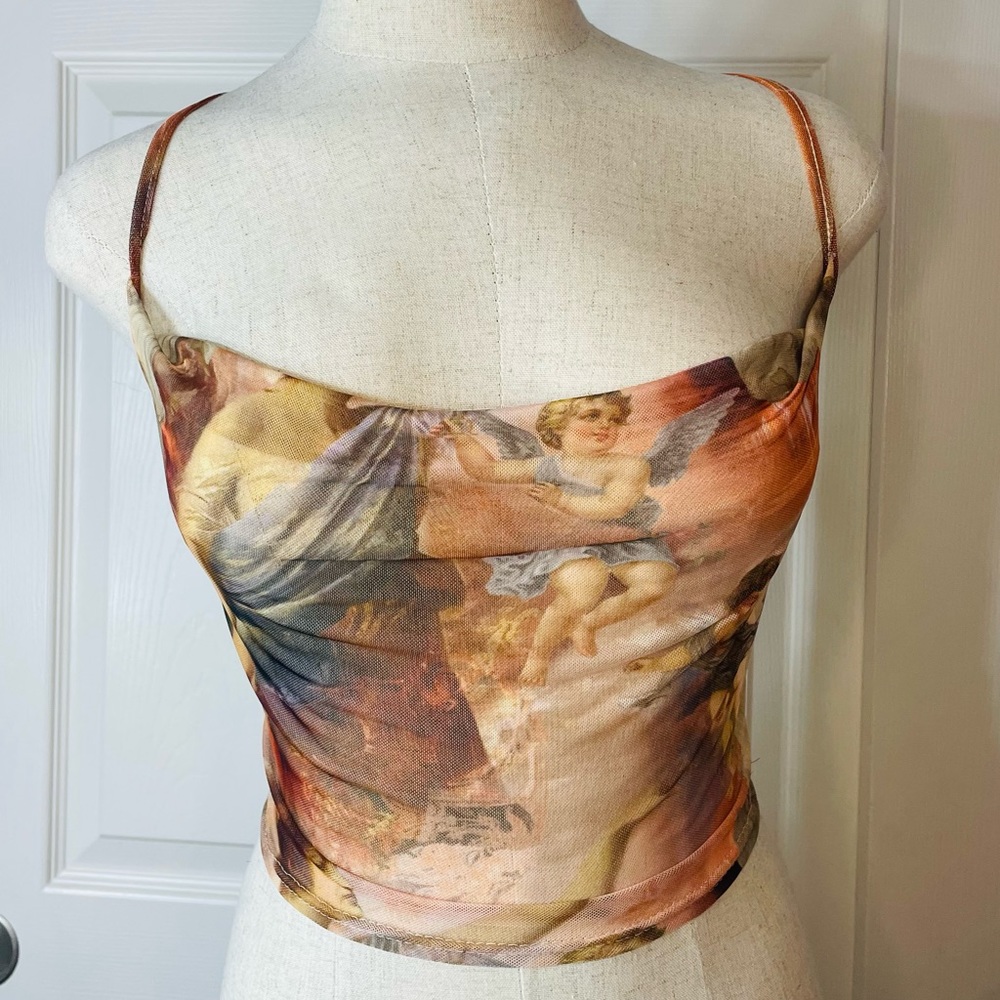 Renaissance Print Mesh Crop Top